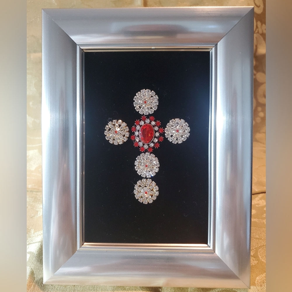 Framed Jeweled Cross with Red Rhinestones